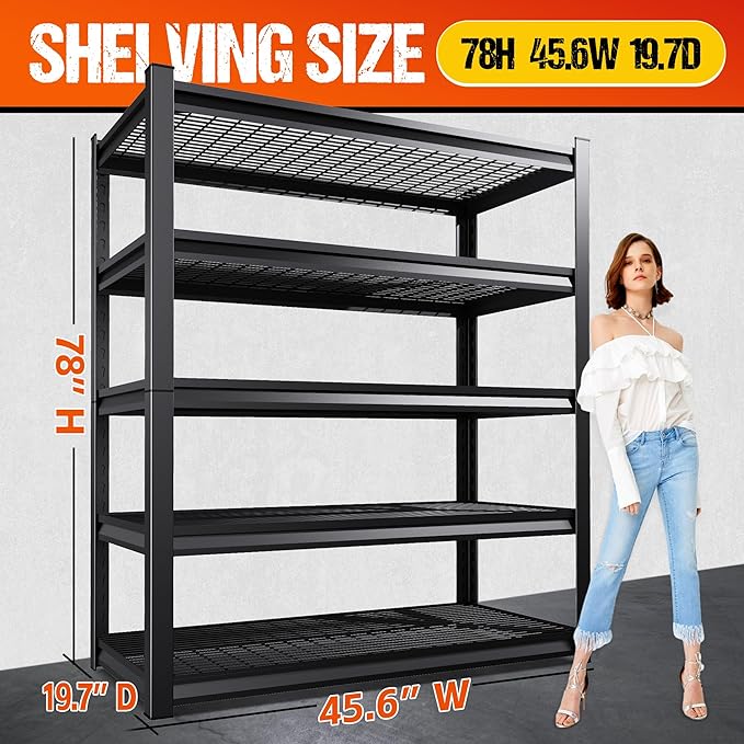 78" H Garage Shelving Heavy Duty Storage Shelves, 5-Tier Adjustable Metal Shelving Unit, Utility Garage Organizer Shelf for Basement, Pantry, Warehouse, Supermarket, 45.6" W x 19.7" D x 78" H