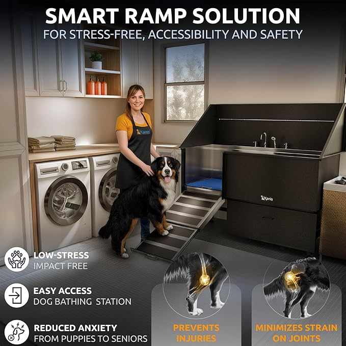 KANIS Black Line Professional Dog Washing Station - 304 Stainless Steel Pet Wash Sink & Grooming Bathtub w/Shower, Floor Grates and Storage for Large, Medium & Small Pets (61", 1 Drawer - Left Ramp)