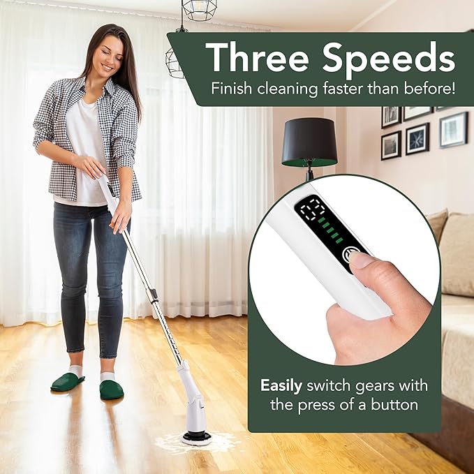 Electric Power Spin Scrubber - Cordless Cleaning Brush with 7 Replaceable Brush Heads - 3 Speed with Flashlight - Adjustable and Extendable for Cleaning Tile Grout Bathtub Window Kitchen Floor