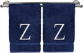 Monogrammed Hand Towel, Personalized Initial Gift, Extra Absorbent 100% Turkish Cotton - Soft Terry Finish - Set of 2 - White Block Initial Z - Embroidered on Navy Blue Towels