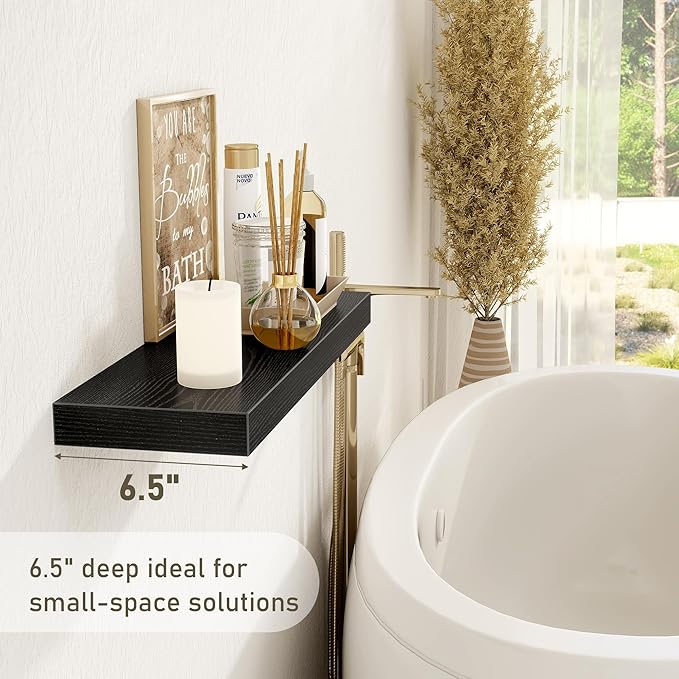 Fun Memories Black Floating Shelves Wall Shelf 24 Inch Long, Rustic Bathroom Shelves, Wall Mounted Wood Floating Shelf for Kitchen, Living Room, Bedroom, 24 x 6.7 x 1.4 inch Set of 3