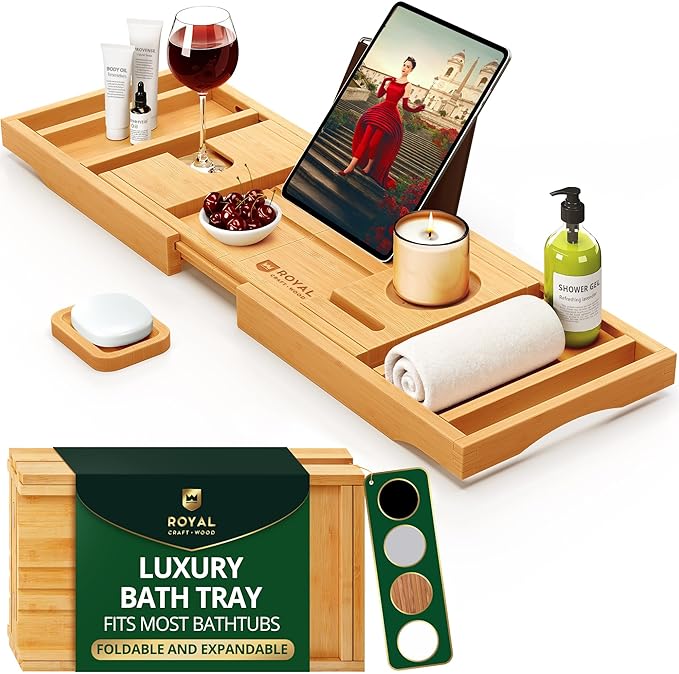 ROYAL CRAFT WOOD Bathtub Tray Caddy for Tub, Bamboo Bath Shelf, Premium Foldable Wood Bath Table, Expandable Bathtub & Bathroom Accessories, New Home Gifts for Mom, Housewarming, Anniversary, Wedding