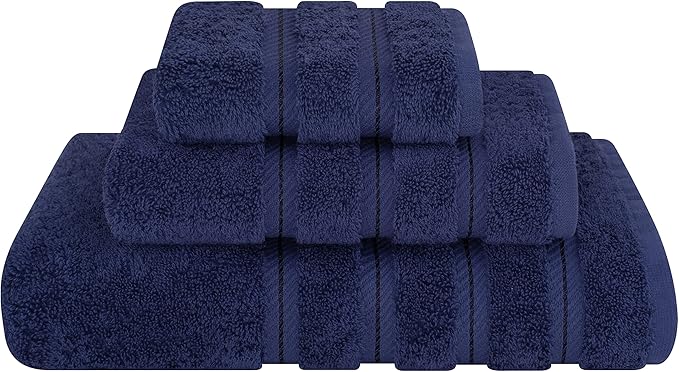 American Soft Linen Premium 3 Piece Towel Set, 1 Bath Towel 1 Hand Towel 1 Washcloth, 600 GSM 100% Cotton Turkish Towels for Bathroom, Navy Blue Towel Set