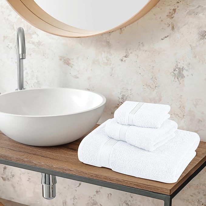 Belizzi Home Ultra Soft 3 Pack Cotton Towel Set, Contains a Bath Towel 28x55 inch, a Hand Towel 16x24 inch & a Wash Coth 12x12 inch, Ideal Everyday use, Compact & Lightweight - White