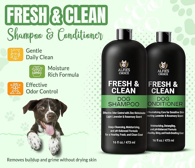 ALFIE'S CHOICE Fresh & Clean Dog Shampoo and Conditioner Set | 16 fl oz Each | Lavender & Rosemary | Deep Cleansing for Smelly Dogs | Deodorizing & Odor Control