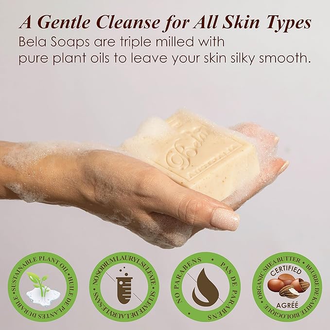 BELA Oatmeal Soap with Milk and Bran 3.3 OZ, Pack of 12, Long Lasting French Triple Milled Bar Soap with Organic Shea Butter, Hand, Face and Body Wash Bars, Made in Australia