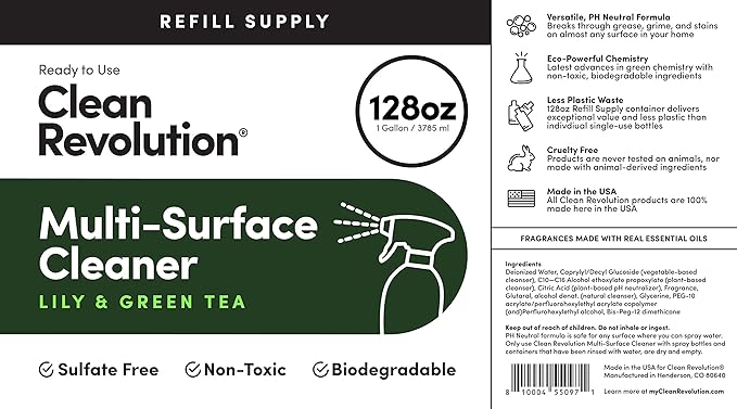 Clean Revolution Multi Surface Cleaner Refill Supply, Non-Toxic, Eco-Friendly & Plant-Based, Ready to Use, Lily & Green Tea, 128 Fl Oz (1 Gallon)