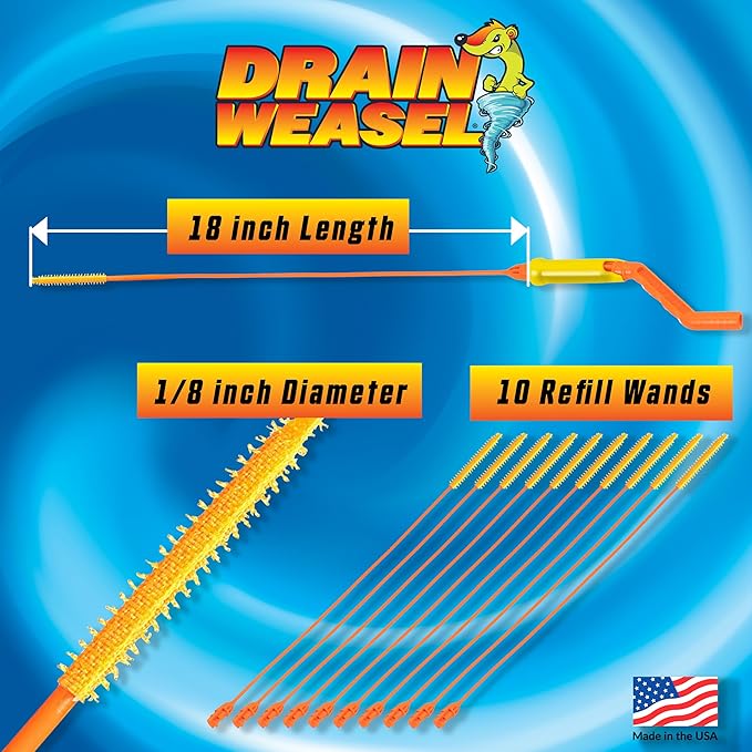 FlexiSnake Drain Weasel Sink Snake Hair Clog Remover Tool, Sink, Pipe, Bathroom, Bathtub Drain Cleaner, 18-inch Long, Flexible, Made in The USA, 10 Pack Wand Refills and Removable Handle