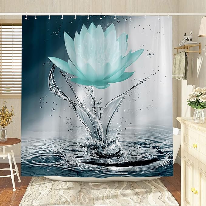 Lotus Shower Curtain Black White Blue Teal Flower Elegant Blooming Floral with Dew Spring Flower Reflection on Water Modern Romantic Polyester Fabric Bathroom Decor 70×90 Inch with Hook