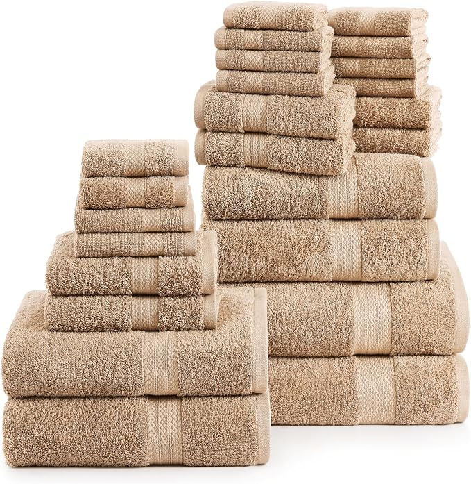 Lane Linen 100% Cotton Towel Set for Bathroom - 24 PCs - Durable, Soft, Quick Dry & Absorbent Towels - 2 Bath Sheet, 4 Fingertip, 8 Washcloths, 4 Bath & 6 Hand Towels for Bathroom - Family Set - Beige