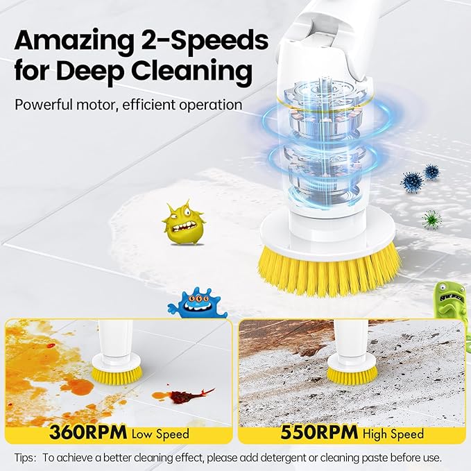 Electric Spin Scrubber, Cordless Cleaning Brush Shower Scrubber Up to 550 RPM with 9 Replaceable Brush Heads, Bathroom Scrubber Adjustable Extension Handle for Bathroom Kitchen Car (Yellow)