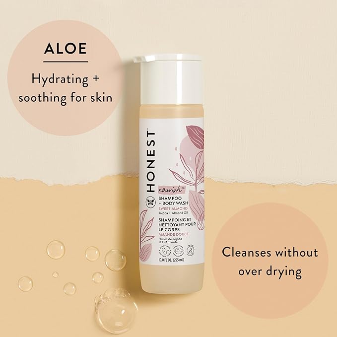 The Honest Company 2-in-1 Cleansing Shampoo Body Wash Gentle for Baby Naturally Derived Tear-free Hypoallergenic Sweet Almond Nourish 10 fl oz