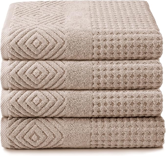 Texere 100% Organic Cotton Diamond Jacquard 700 GSM Luxury Bath Towel Sets - Ultra Soft and Absorbent Hotel and Spa Quality (Diamond, Oxford Tan, 4 Bath Towels)