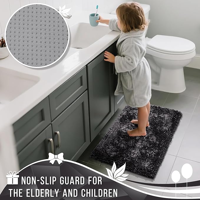 Yimobra Long Bathroom Rug Non Slip 44x24 Inch, Extra Thick Soft Absorbent Chenille Bath Mat, Machine Washable Quick Dry Bath Rugs for Bathroom Floor, Tub and Shower, Home Decor Accessories, Dark Grey