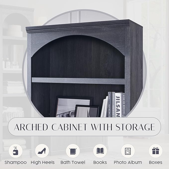 76" Tall Arched Bathroom Storage Cabinet, 5 Tiers Large Farmhouse Arched Cabinet w/Adjustable Shelves, Modern Wooden Storage Cabinet for Bathroom, Living Room, Entryway, Study Room (Dark Grey)