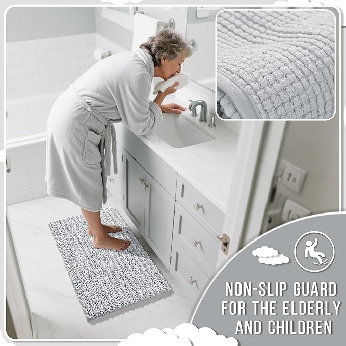 Yimobra Long Bathroom Rugs Non Slip Washable 44x24 Inch - Ultra Soft Absorbent Chenille Bath Mat, Quick Dry Shaggy Floor Carpet for Tub Shower, Silver Home Decor Accessories