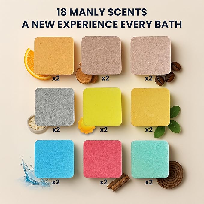 Bath Bombs for Men - Gift Set of 18 Square Shaped Handmade Natural Bath Bombs of 2.5 oz w/Essential Oils, Unique Manly Scents, for Boyfriend, Husband, Father - 18 Pack Square