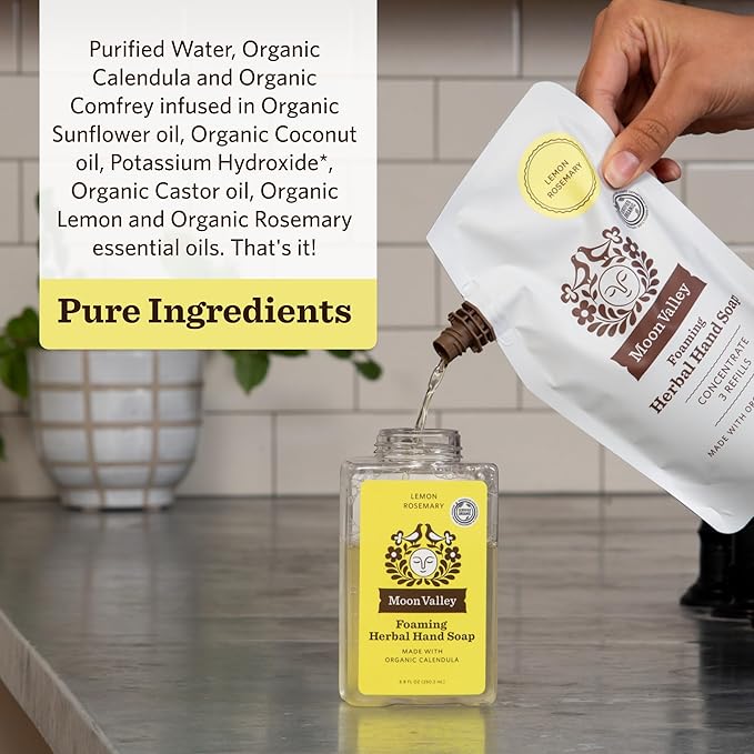 Moon Valley Foaming Hand Soap Refill Pouch, Two-Pack Lemon Rosemary Soap, Vegan and Non-GMO, Environmentally Friendly Option