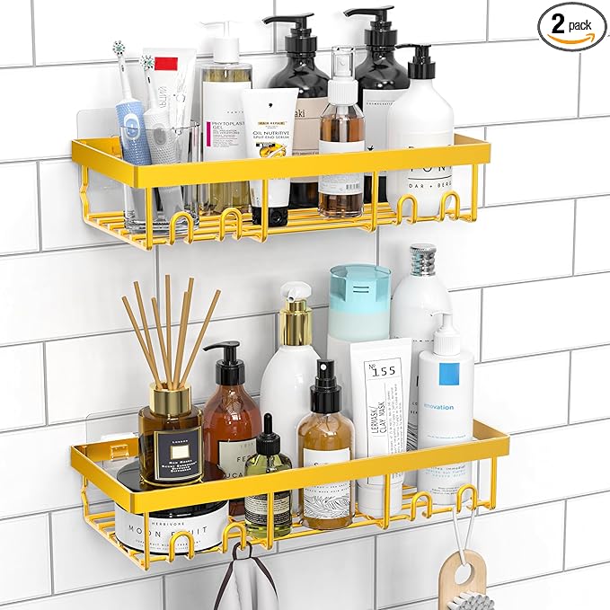 Moforoco Shower Caddy Shelf Organizer Rack, Self Adhesive Black Bathroom Shelves Basket, Home Farmhouse Wall Inside Organization and Storage Decor Rv Accessories, First Camper Apartment Essentials