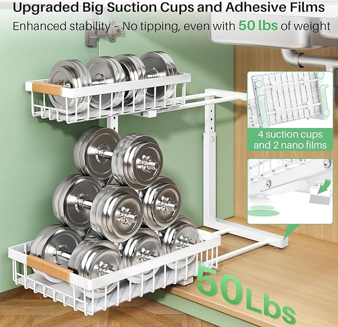 Under Sink Organizer, 2 Packs 2 Tier Under Sink Organizers and Storage, Slide out Pull out Cabinet Organizer Shelf, Metal Sliding Drawer for Kitchen Bathroom Pantry Closet Rack(White)