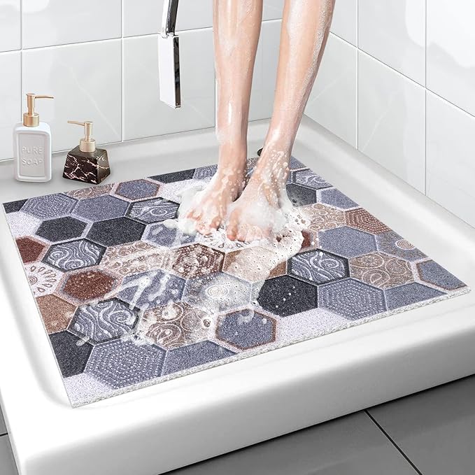 Shower Mat Non-Slip, 24x24 Inch Soft Comfort Bath Mat with Drainage Holes, PVC Loofah Massage Bathmat for Shower,Tub,Bathroom,Wet Areas, Quick Drying