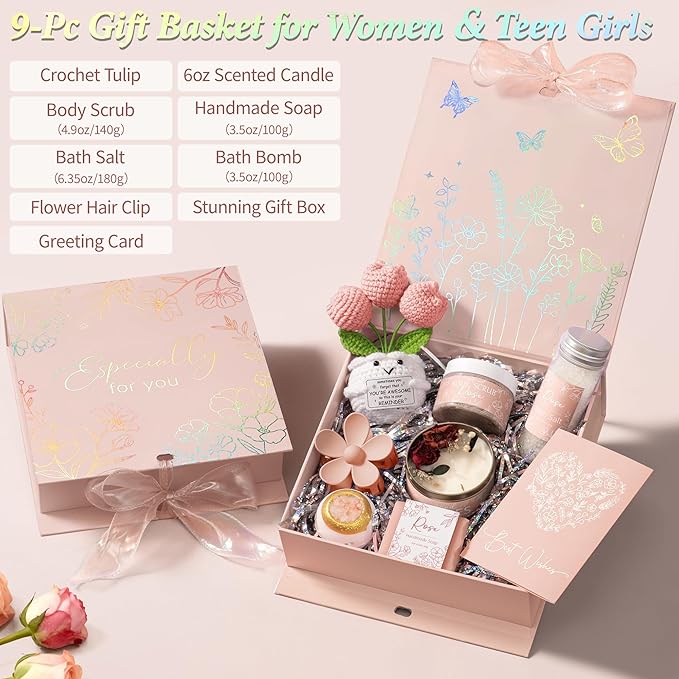 Spa Gifts for Women Bath Gift Set, Rose Relaxing Spa Gift Baskets Home Bath Set Self Care Kit Care Package Thank You Christmas Birthday Gifts for Women Mom Her Friends Sister Teen Girl Wife Grandma