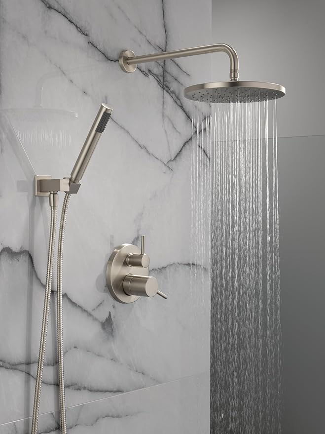 Delta Modern 14 Series Round Rain Shower System Faucet Set, Rainfall Brushed Nickel Shower Head and Handle Set, Valve Trim Kit, 10 Inch, Spotshield Stainless 342702-SP