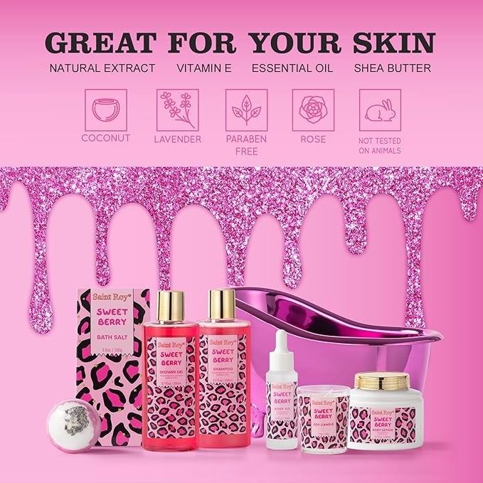 bath body Gifts for Her Home Bath Spa Gift Basket for Women Sweet Berry Bath Sets for Teens Gift Aromatherapy Home Spa Kit with Body Oil & More women's spa gift sets Best Gifts Mothers day