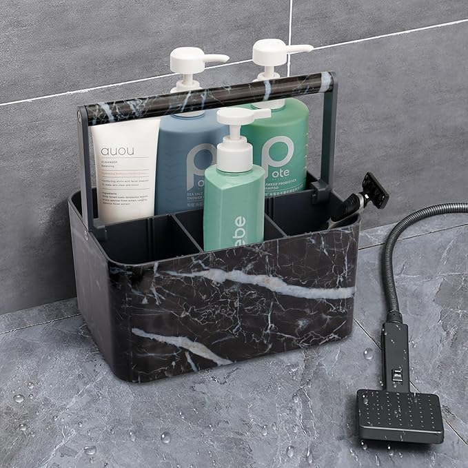 Plastic Shower Caddy Dorm: Portable Bathroom Caddy Organizer for College with Handle and Adjustable Divider, Utility Hard Shower Basket Bath Tote for Toiletry, Shampoo, Soap (Black Marble)