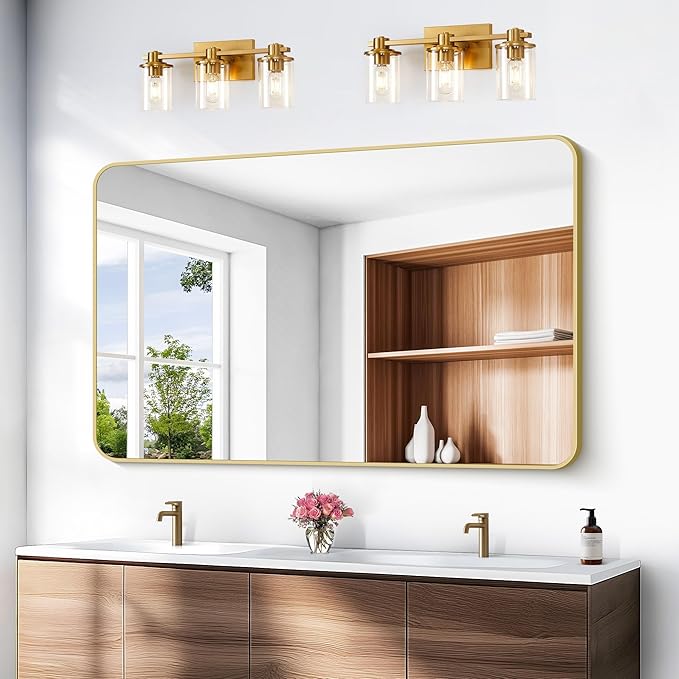 Gold Bathroom Mirror,55x36 inch Wall Mirror for Bathroom Wall Mounted,Round Rectangle Mirror for Bathroom Over Sink,Modern Frame for Home Decor Living Room,Bedroom Entryway,Horizontal/Vertical