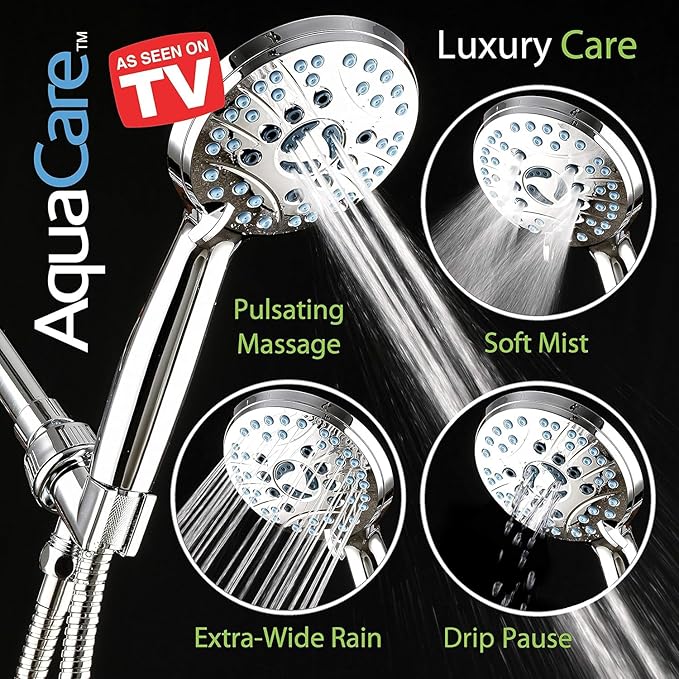 AquaCare High Pressure 8-mode Handheld Shower Head - Anti-clog Nozzles, Built-in Power Wash to Clean Tub, Tile & Pets, Extra Long 6 ft. Stainless Steel Hose, Wall & Overhead Brackets