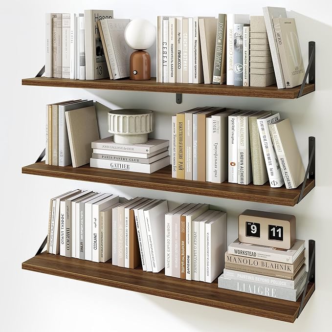 Fun Memories Floating Shelves for Wall, 36 Inches Long Set of 3 Wall Shelves for Bedroom, Floating Bookshelves with Metal Brackets for Living Room, Kitchen, Bedroom and Laundry Room (Walnut)