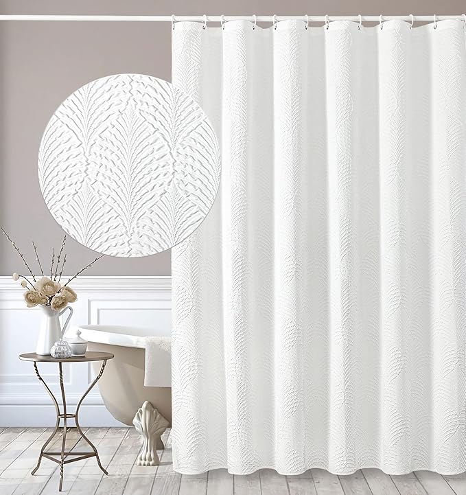 Gibelle White Shower Curtain for Bathroom, 3D Embossed Textured Fabric Curtain, Modern Farmhouse Chic Soft Cloth Set with Hooks, 72x72