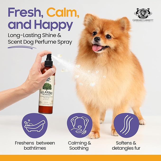 Dog Perfume Spray Long Lasting Relaxing Wildwoods 8 Fl Oz - Dog Calming Spray Scent Mist for Shining Fur, Puppy Cologne, Doggie Deodorant Fragrance Mist Pet Perfume for All Breeds by Gerrard Larriett