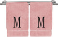 Monogrammed Hand Towel, Personalized Initial Gift, Extra Absorbent 100% Turkish Cotton - Soft Terry Finish - Set of 2 - Black Block Initial M - Embroidered on Pink Towels