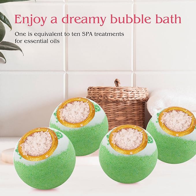 Green Tea Coarse Salt Bath Bombs Balls,4-Pack Gift Set,Moisturizing Dry Skin,Fizzy Spa,Relaxation,Self Care,Relaxing,Bubble Bath Bomb Idea for Men Women