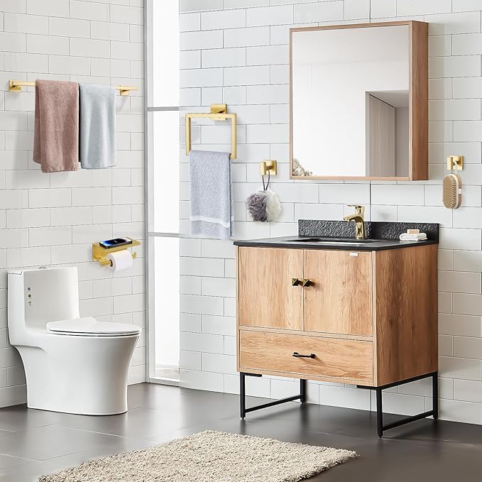 TQKAG 5-Pieces Brushed Gold Bathroom Hardware Accessories Set 23.6" SUS304 Stainless Steel Towel Bar Set Wall Mounted Square Toilet Paper Holder with Shelf