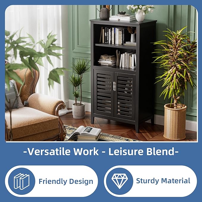 HITNET Black Bathroom Storage Cabinet, Freestanding Bamboo Floor Cabinet 5 Tier Tall Kitchen Cupboard with Door and Removable Shelves