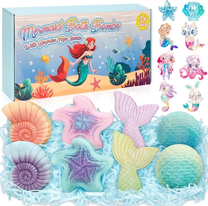 Mermaid Bath Bombs for Kids with Surprise Toys Inside, 8 Pcs Organic Natural Bubble Bath Bombs for Girls,Christmas Birthday Gift for 3 4 5 6 7 8 Year Old Girl,Princess Bath Bomb Kit with Mermaid Toys