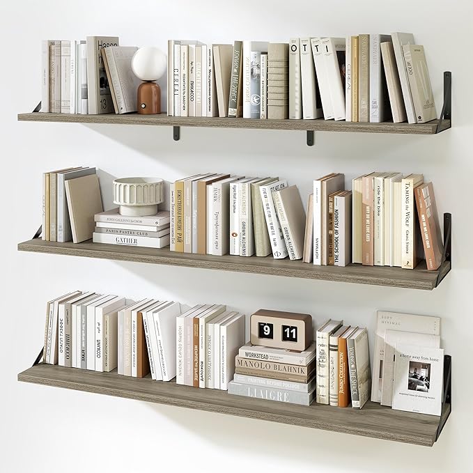 Fun Memories Extra Long Floating Wall Shelves, 48 x 8 Inches, Set of 3 Large Wood Floating Bookshelves with Metal Brackets for Storage & Display (Grey)