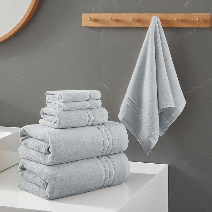REDKISS Light Grey Bath Towel Set - 100% Cotton Towels for Bathroom, 600 GSM Premium Dark Grey Towel of 6, Includes 2 Large Bath Sheets, 2 Hand Towel, 2 Washcloths, Highly Absorbent