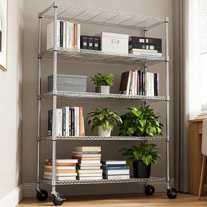5 Tiers Shelf 1750 lbs Steel Storage Shelving Utility Shelving Unit Steel Organizer Wire Rack for Home,Kitchen,Office,Garage Chrome 17.7" D x 47.2" W x 76.8" H