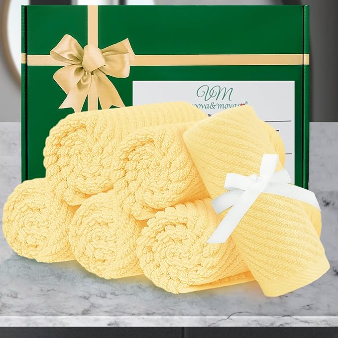 VOOVA & MOVAS Washcloths 6 Pack, 13"x13" - 100% Cotton | Lightweight | Thick | Quick Dry | Soft | Absorbent, Fluffy Hand Towels, Hotel Wash Cloths for Bathroom, Towel Gift Set, Yellow