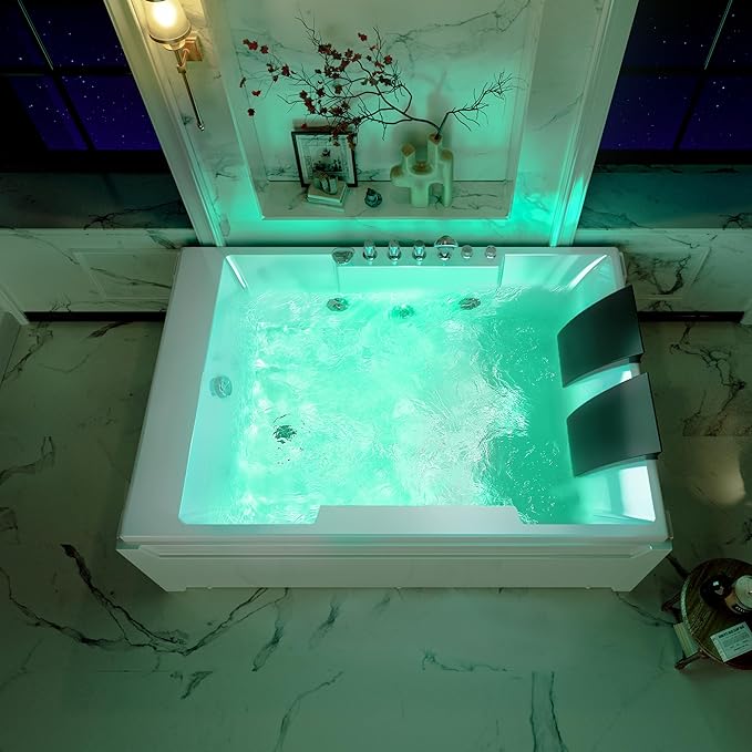 72-Inch Whirlpool Jetted Tub,Acrylic Hydro Massage Bathtub with 10 Jets, Color-Changing LED Lights,2-Person Jetted Bath Tub for Couples