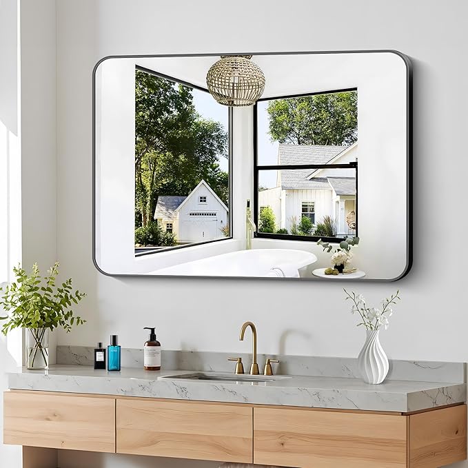 BONEWEI 36x48 inch Bathroom Mirror,Black Rectangle Mirror,Wall Mounted Bathroom Frame Vanity Mirror with Round Corner for Bedroom Living Room, Entryway Hangs Horizontal or Vertical