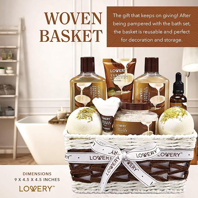 Gifts For Women Gift Basket for Women– 9 Piece Christmas Gifts Set of Vanilla Coconut Home Spa Set, Luxurious Holiday Bath and Body Sets Includes Fragrant Lotions, Extra Large Bath Bombs, Coconut Oil