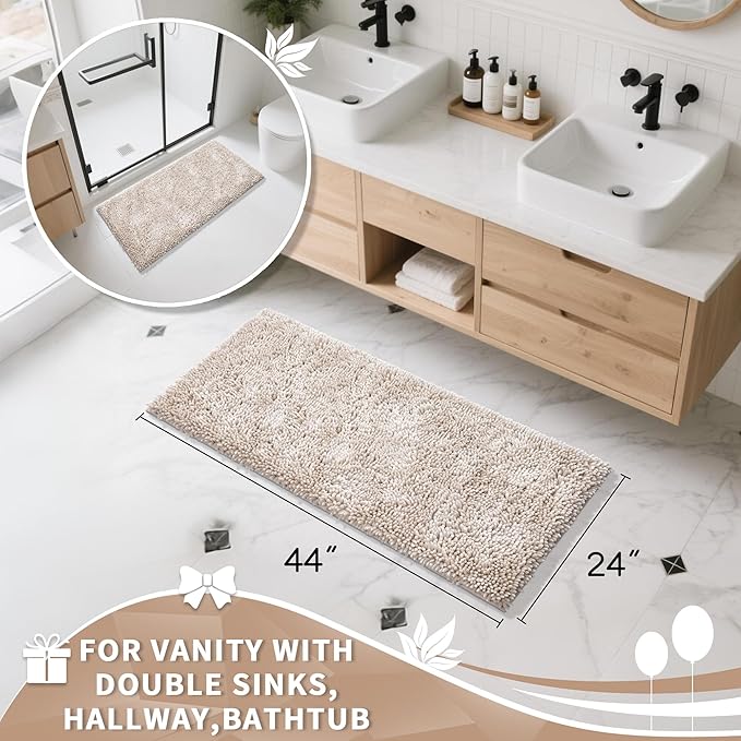 Yimobra Long Bathroom Rug Non Slip 44x24 Inch, Extra Thick Soft Absorbent Chenille Bath Mat, Machine Washable Quick Dry Bath Rugs for Bathroom Floor, Tub and Shower, Home Decor Accessories, Khaki