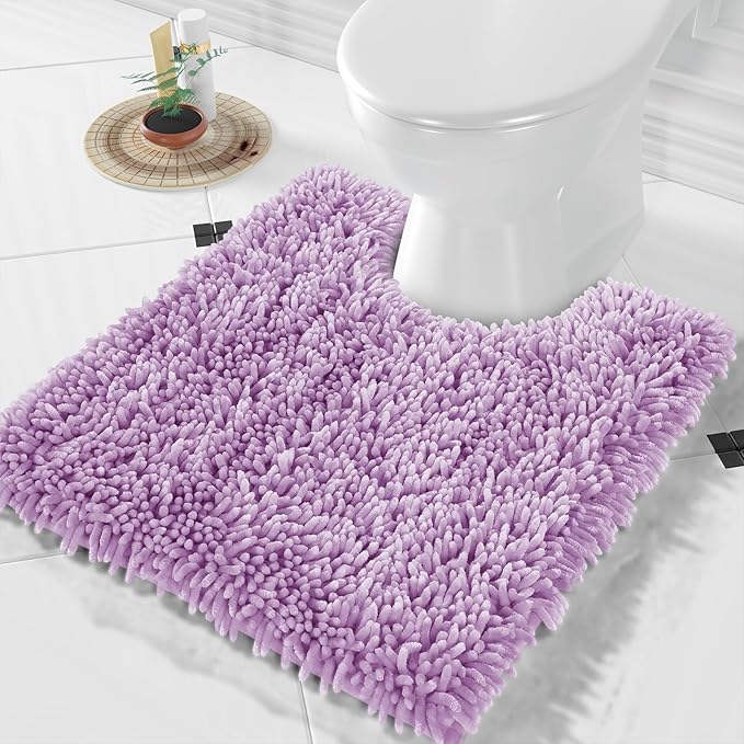 Yimobra Toilet Rugs U Shaped Washable, Extra Thick Soft Absorbent Chenille Contour Bathroom Rugs for Toilet 24x20 Inch, Quick Dry Non Slip Toilet Mat for Bath Floor, Lilac