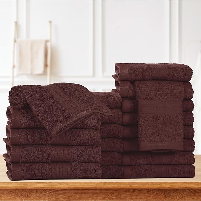 Ample Decor Set of 20 Wash Cloths 12 X 12 Inch 100% Cotton 600 GSM,Lightweight Reusable Fingertip Towels, Quick Drying Machine Washable Face Towels-Ideal for Bathroom, Pool, Hotel,Spa -Brown