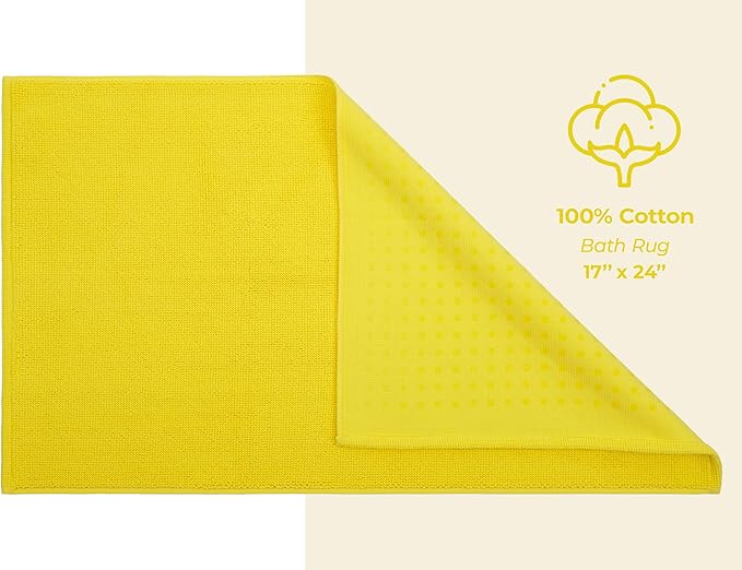 American Soft Linen Bath Rug, 17 in 24 in 100% Cotton Bath Mats Rugs for Bathroom, Slip Reducer Washable Shaggy Form Area Rugs, Yellow Bath Rug